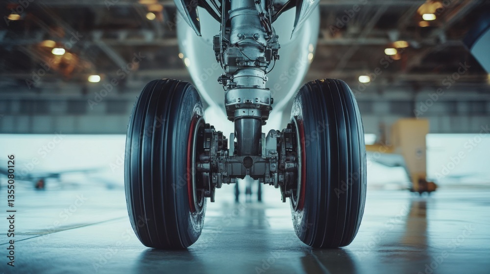 Close-Up View of Airplane Landing Gear with Wheel and Tires in Aircraft Hangar Interior Close-Up View of Airplane Landing Gear with Wheel and Tires in Aircraft Hangar Interior
