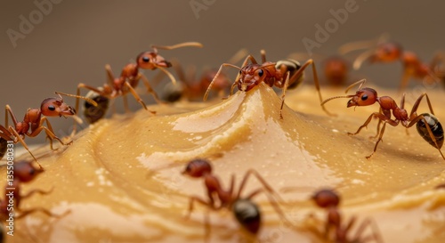 Ants Feasting on Peanut Butter - Close-up of red imported fire ants consuming peanut butter. Symbolizes teamwork, nature's abundance, survival instinct, insatiable hunger