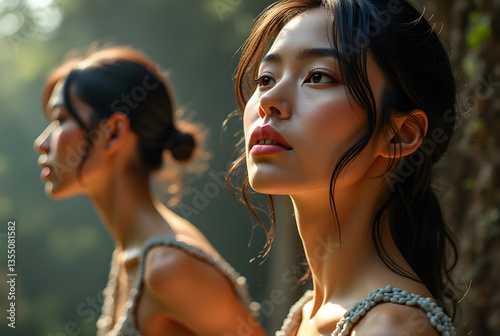 Two young asian models posing in a tropical forest wearing handmade clothes
