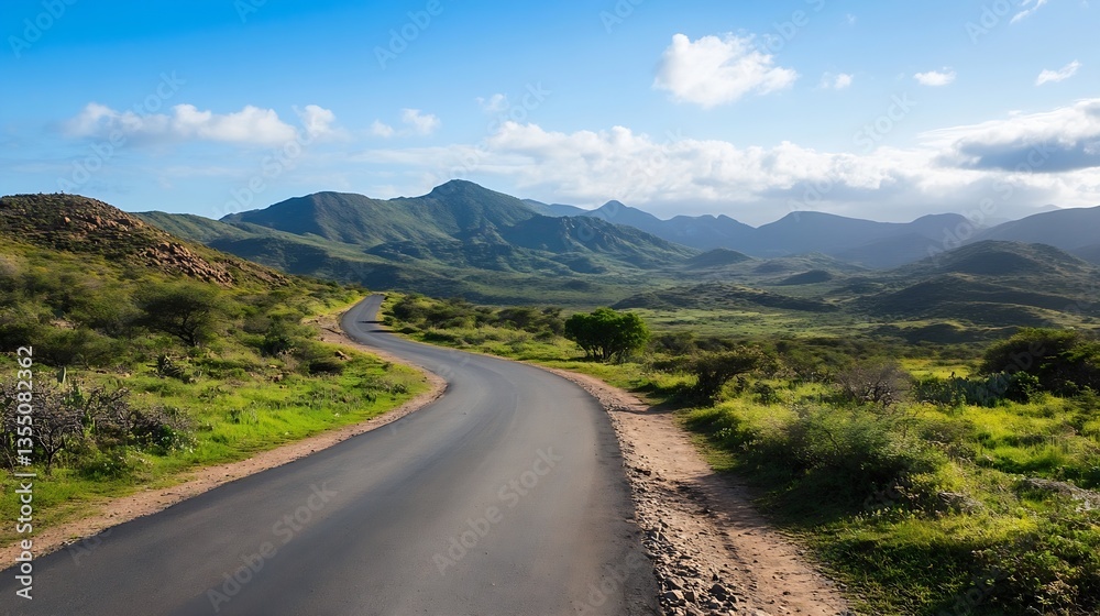 Naklejka premium Winding Road Surrounded by Lush Green Landscape and Majestic Mountains Under Clear Sky : Generative AI