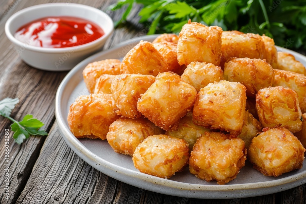 Fried bean cakes arranged on a plate with a side of chili sauce Fried bean cakes arranged on a plate with a side of chili sauce