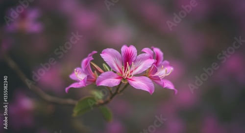 Bauhinia Blossoms Close Up Tilt Shift Hong Kong Orchid Tree Flowers - Delicate pink bauhinia flowers, showcasing beauty, serenity, nature's grace, springtime, and resilience. A symbol of Hong Kong