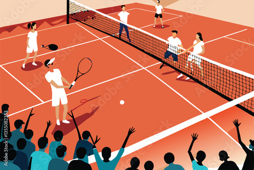 Create a vibrant vector illustration of a dynamic tennis match, featuring two players engaged in a rally, set against a visually appealing background.