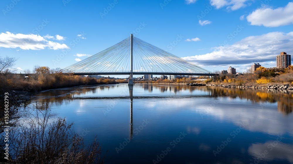 Stunning cityscape view featuring a modern cablestayed bridge over tranquil waters under a blue sky : Generative AI Stunning cityscape view featuring a modern cablestayed bridge over tranquil waters under a blue sky : Generative AI