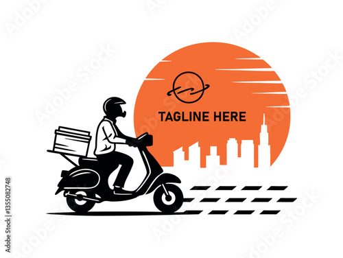 Cartoon of a man riding a bicycle with a cart for delivery, traveling on the road, surrounded by various transportation icons like cars and motorcycles