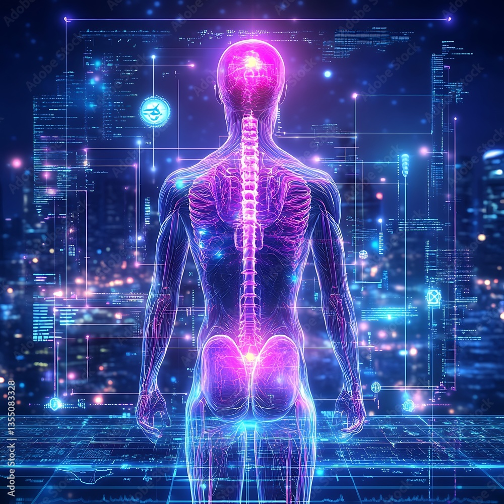 Human anatomical representation with digital overlay on a city backdrop Human anatomical representation with digital overlay on a city backdrop