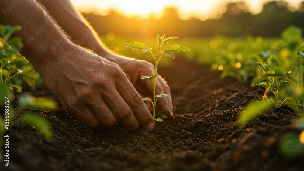 Fototapeta premium Male hands planting seedling in soil at sunset in agricultural field. Concept: agriculture, farming, sustainability, environmental care, and new life.