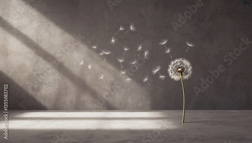 Dandelion seeds dispersing in sunlight against a textured gray background