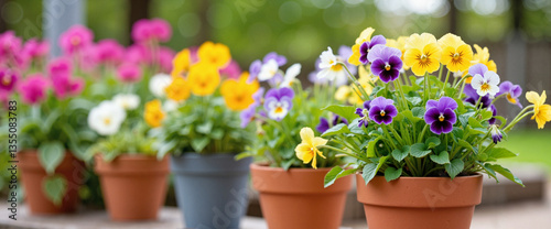 Wallpaper Mural Colorful flowerpots brimming with pansies, vibrant garden beauty Torontodigital.ca