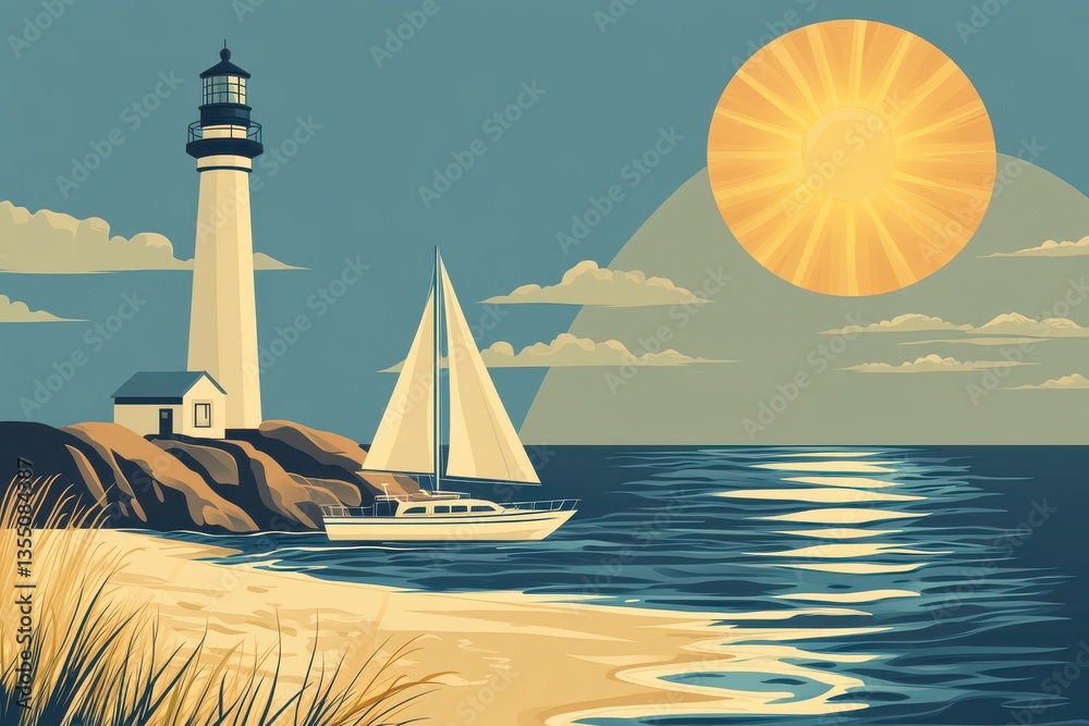 Naklejka premium Illustration of a yacht or sailboat next to a lighthouse on the seashore against the backdrop of the sun in retro style