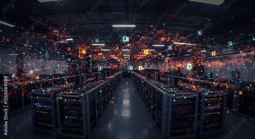 Cryptocurrency Mining Farm Surrounded by Abstract Digital Networks Cryptocurrency Mining Farm Surrounded by Abstract Digital Networks