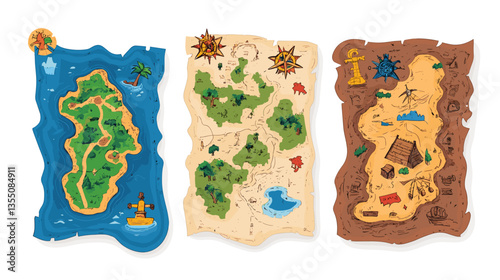 Exploration map collection showcasing diverse landscapes and adventure spots for treasure hunting enthusiasts