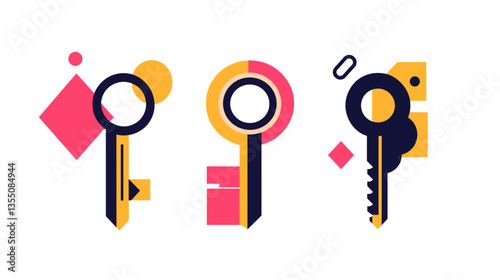 Modern illustration of colorful keys with geometric shapes showcasing creativity and simplicity in design