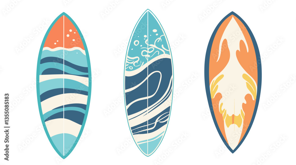 Modern illustration of vibrant surfboards featuring unique wave patterns and colors suitable for beach or water-themed decor Modern illustration of vibrant surfboards featuring unique wave patterns and colors suitable for beach or water-themed decor