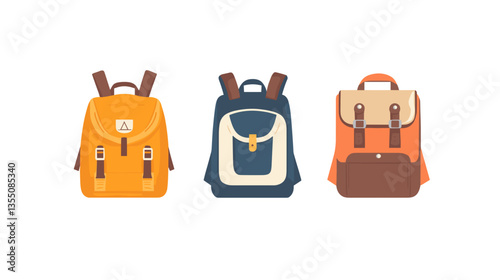 Modern illustration of stylish backpacks in vibrant colors showcasing different designs and textures