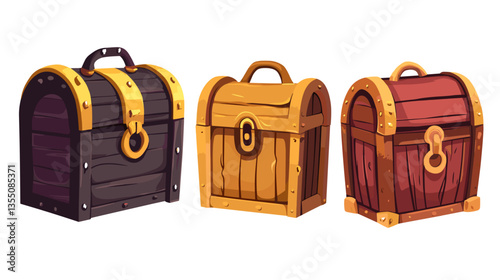 Modern illustration of three treasure chests featuring unique colors and designs in a playful style
