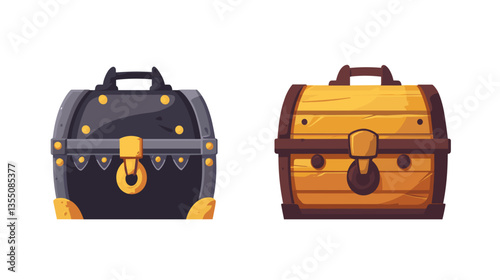 Illustration of modern treasure chests showcasing unique designs and contrasting colors in a whimsical style