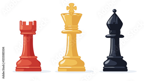 Set of modern chess pieces featuring a rook, king, and bishop designed in bold colors with a minimalist aesthetic