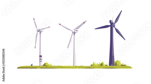Wind turbines in a modern illustration showcasing renewable energy in a green landscape with attention to technological design