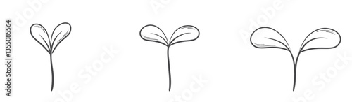 Plants seedling with two leaves line illustrations. Nature, spring and planting design elements. Isolated vector illustrations