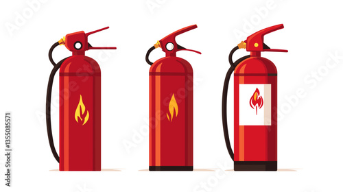 Collection of modern fire extinguishers in red with distinct designs for safety and emergency response