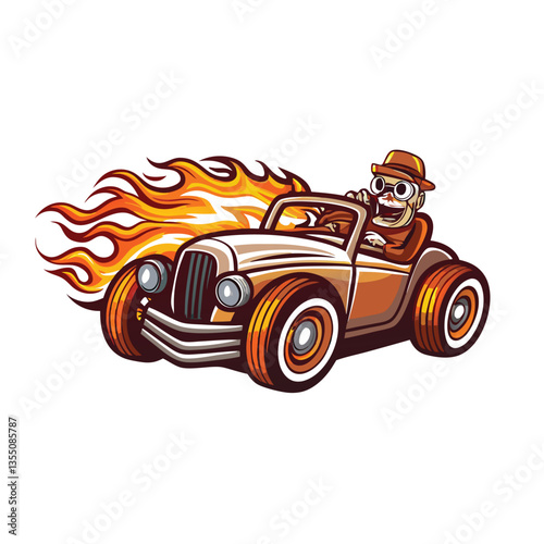 A vibrant retro cartoon character, wildly grinning, speeds down a highway in a customized vintage hot rod, flames licking the exhaust pipes.