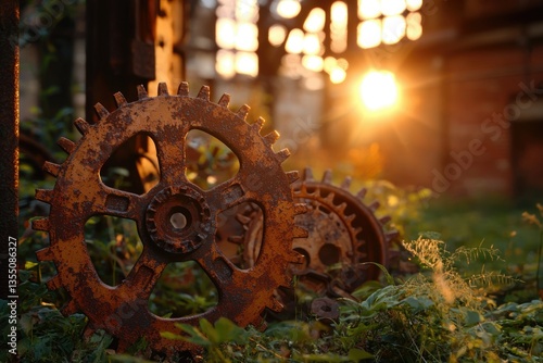 Rusty gears bathed in golden sunset light, remnants of a bygone era, nature reclaiming industry.