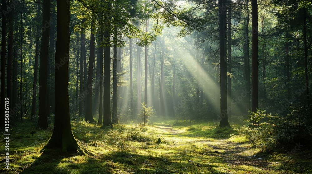 Obraz premium Sunlight streams through the trees illuminating the forest landscape beautifully