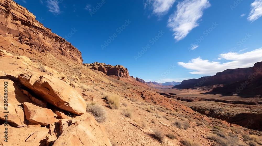 Fototapeta premium Vast desert landscape featuring rugged rock formations under a clear blue sky : Generative AI