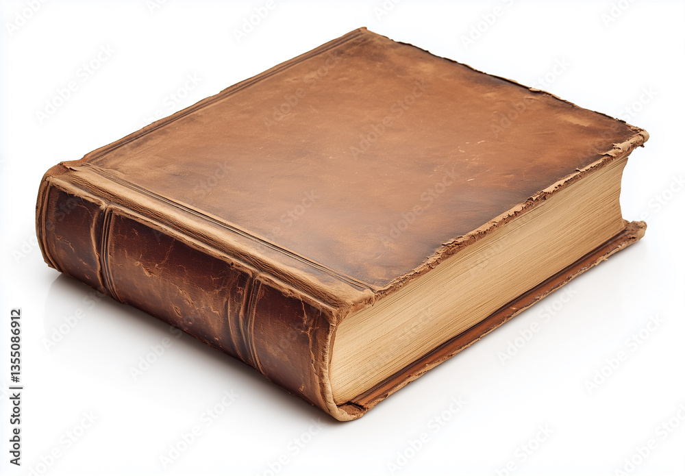 Antique Brown Leather Book with Worn Edges and Aged Paper Texture Isolated on White Antique Brown Leather Book with Worn Edges and Aged Paper Texture Isolated on White