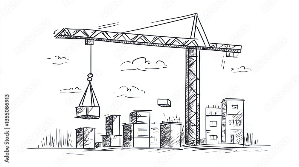 Fototapeta premium Construction Crane Lifting Materials in Cityscape Sketch