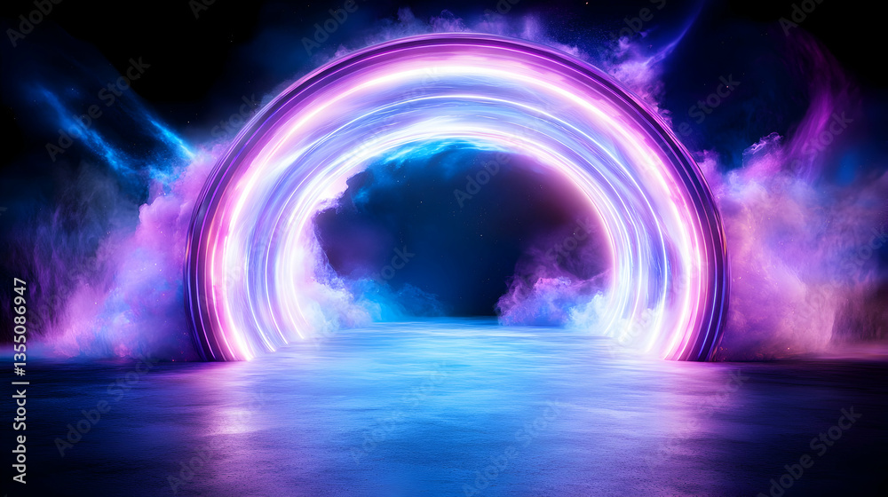 Obraz premium Neon Portal, Dark Stage, Smoke, Light