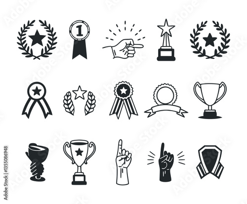 Set of trophy cups and award icons in various drink and symbol styles
