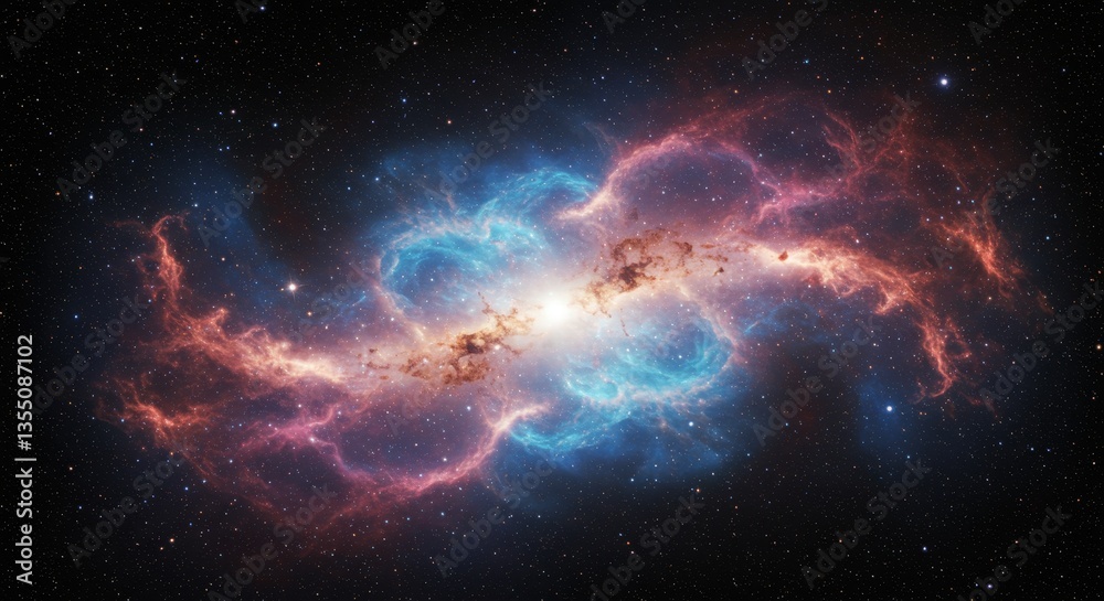 Fototapeta premium Celestial Collision: A Cosmic Dance of Light and Color - A vibrant nebula, showcasing a collision of cosmic matter, explodes with swirling blues and reds against a dark space backdrop