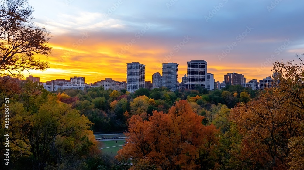 Obraz premium Urban skyline at sunset with autumn colors filling the city landscape in the evening light : Generative AI