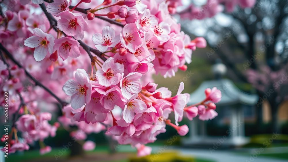 Fototapeta premium blooming pink sakura trees in the park, flowers, blossom, spring, nature, petals, cherry tree