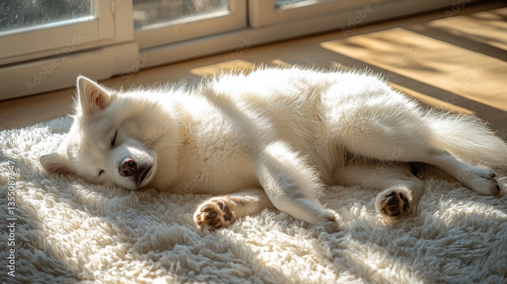 Fototapeta premium White husky dog napping sunlit room floor