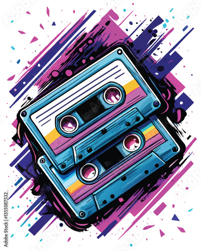 Vibrant retro cassette tapes bathed in bold neon pink, blue, and green light, gleaming with a glossy finish; grunge texture in background.