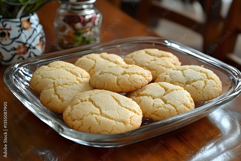 Freshly baked sugar cookies with crackled tops arranged on clear glass serving plate, showcasing soft, golden-brown texture and classic homemade appearance. Freshly baked sugar cookies with crackled tops arranged on clear glass serving plate, showcasing soft, golden-brown texture and classic homemade appearance.
