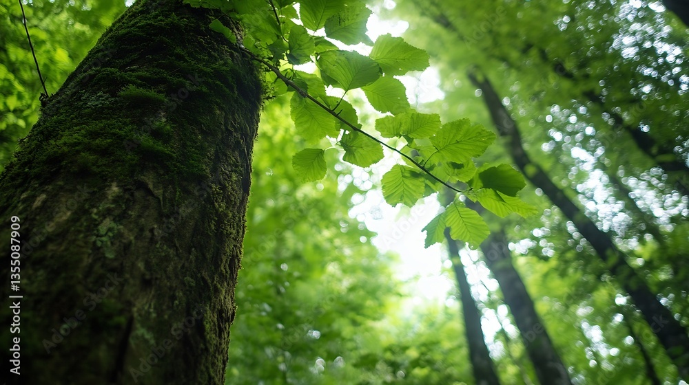 Fototapeta premium Lush Green Forest with Sunlight Filtering Through Leaves Creating a Tranquil and Serene Atmosphere : Generative AI