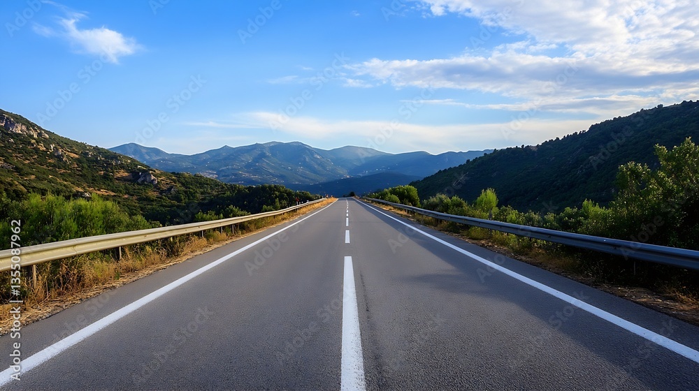 Fototapeta premium Scenic road surrounded by mountains under a bright blue sky inviting adventure and exploration : Generative AI
