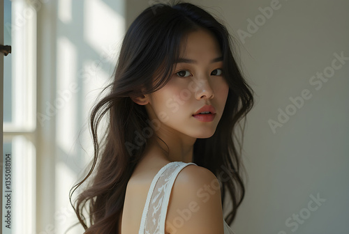 Fashion model posing near window, wearing white top, looking over shoulder
