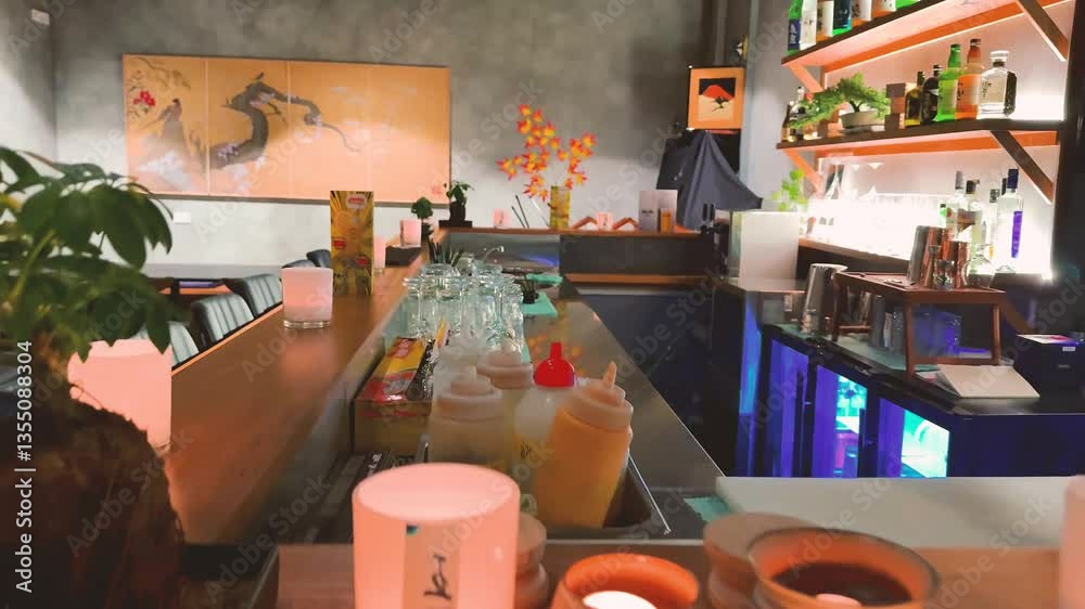 stylish bar or café with a well-organized counter. There are condiment bottles, glassware, and various bar essentials neatly arranged. The lighting gives the space a warm and inviting ambiance.