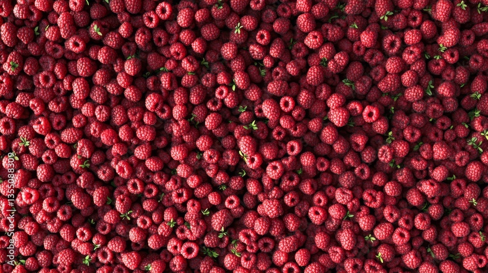 A colorful overhead view of freshly picked ripe raspberries, tightly packed and evenly spread, showcasing the rich red hues and natural texture of these delicious, juicy fruits.. AI Generation A colorful overhead view of freshly picked ripe raspberries, tightly packed and evenly spread, showcasing the rich red hues and natural texture of these delicious, juicy fruits.. AI Generation