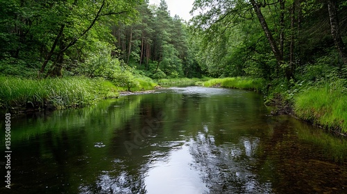 Tranquil river scene surrounded by lush green trees and reflective waters : Generative AI