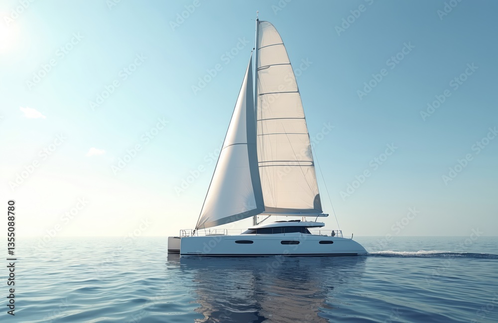 Naklejka premium White catamaran sailing across open water under clear blue sky. Yacht, sailboat, vessel on vacation, leisure. Tropical travel, seascape. Coastline, cruise, ocean, sea.