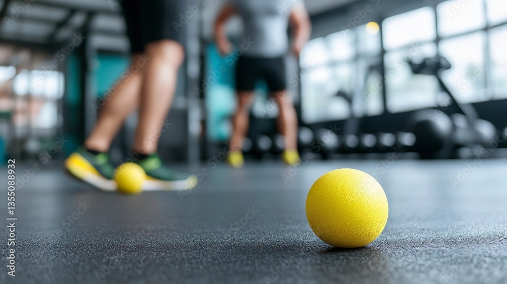 Closeup of yellow exercise ball on gym floor with blurred athletes working out in the background emphasizing focus : Generative AI Closeup of yellow exercise ball on gym floor with blurred athletes working out in the background emphasizing focus : Generative AI