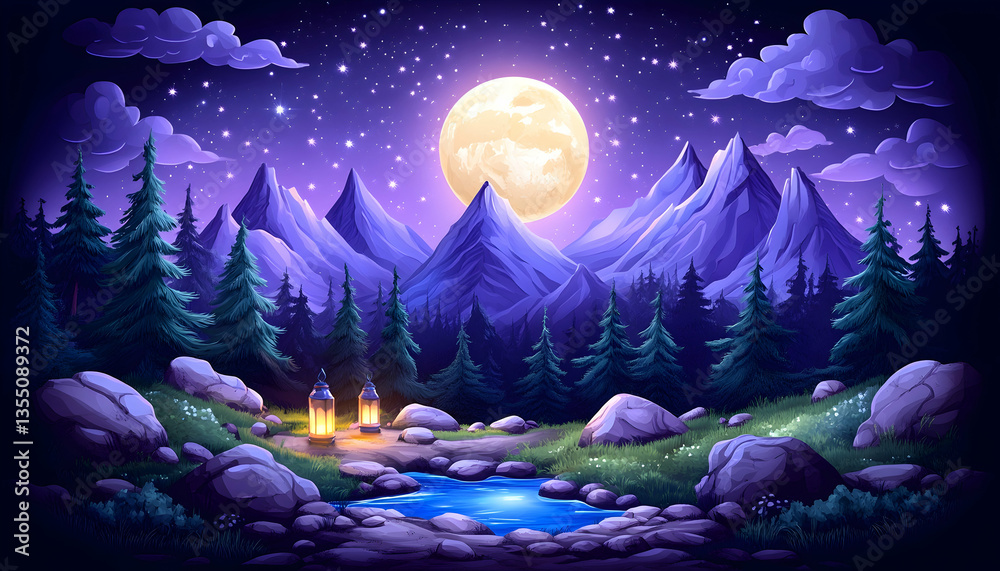 Fototapeta premium Night Mountains Moonlit Path