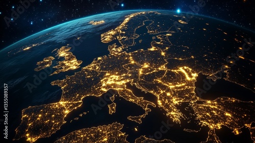 A spectacular aerial view of Europe at night as seen from space. The city lights create a glowing web of urbanization, highlighting key regions and showcasing the advanced infrastructure and