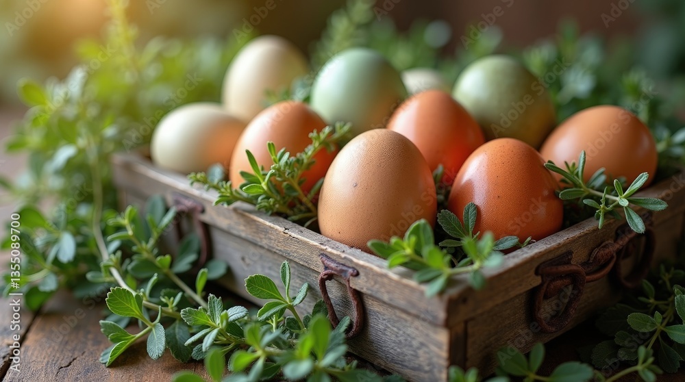 Colorful eggs in a wooden crate with greenery Colorful eggs in a wooden crate with greenery